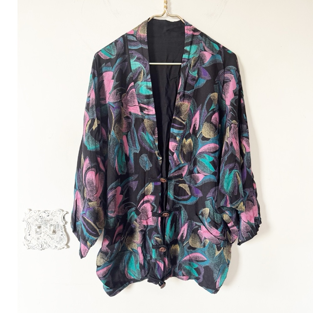 Vintage 80s Black Pink Teal Floral Oversized Kimono Jacket Blazer Artsy Boho L